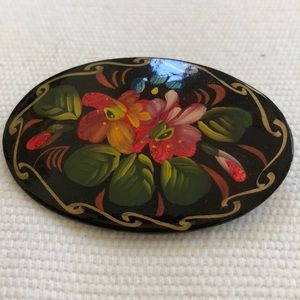 Russian Lacquer Brooch Signed by Artist Iridescent